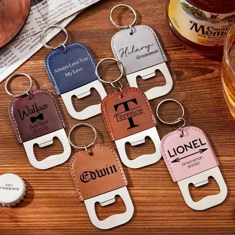 Laser Custom Logo Beers Bottle Opener Leather Stainless Steel Keychain Engrave Car Key Chain Vintage Personalize Company Keyring