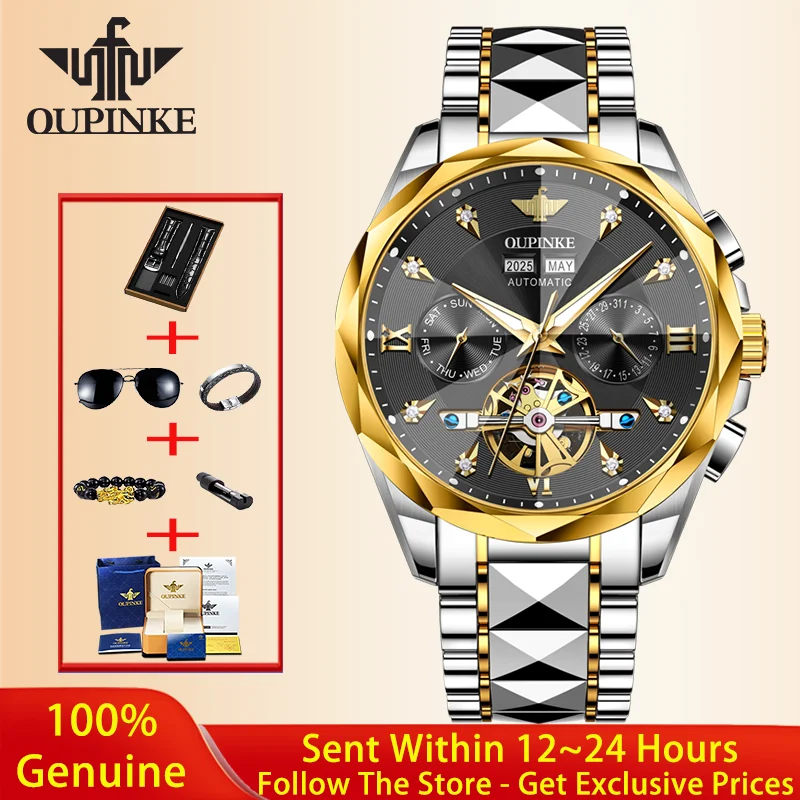 

OUPINKE 3316 Men Watch Top Luxury Hollow Flywheel Watch Automatic Mechanical Watch Original Business Rhombus Mirror Men Watch