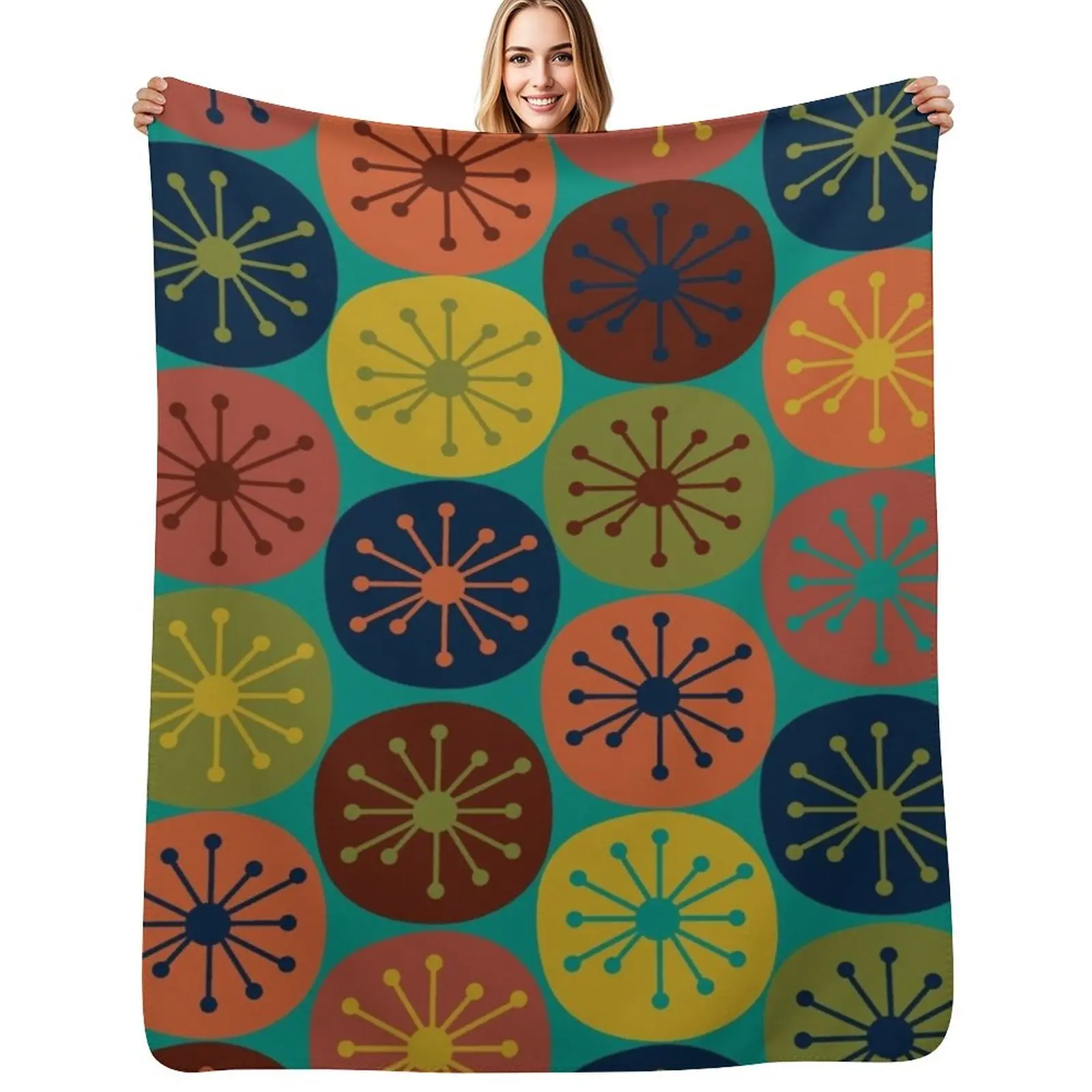 Atomic Retro Dots - Midcentury Modern Pattern in Mid Mod Teal, Olive Green, Mustard, Orange, Blue, and Turquoise Throw Blanket