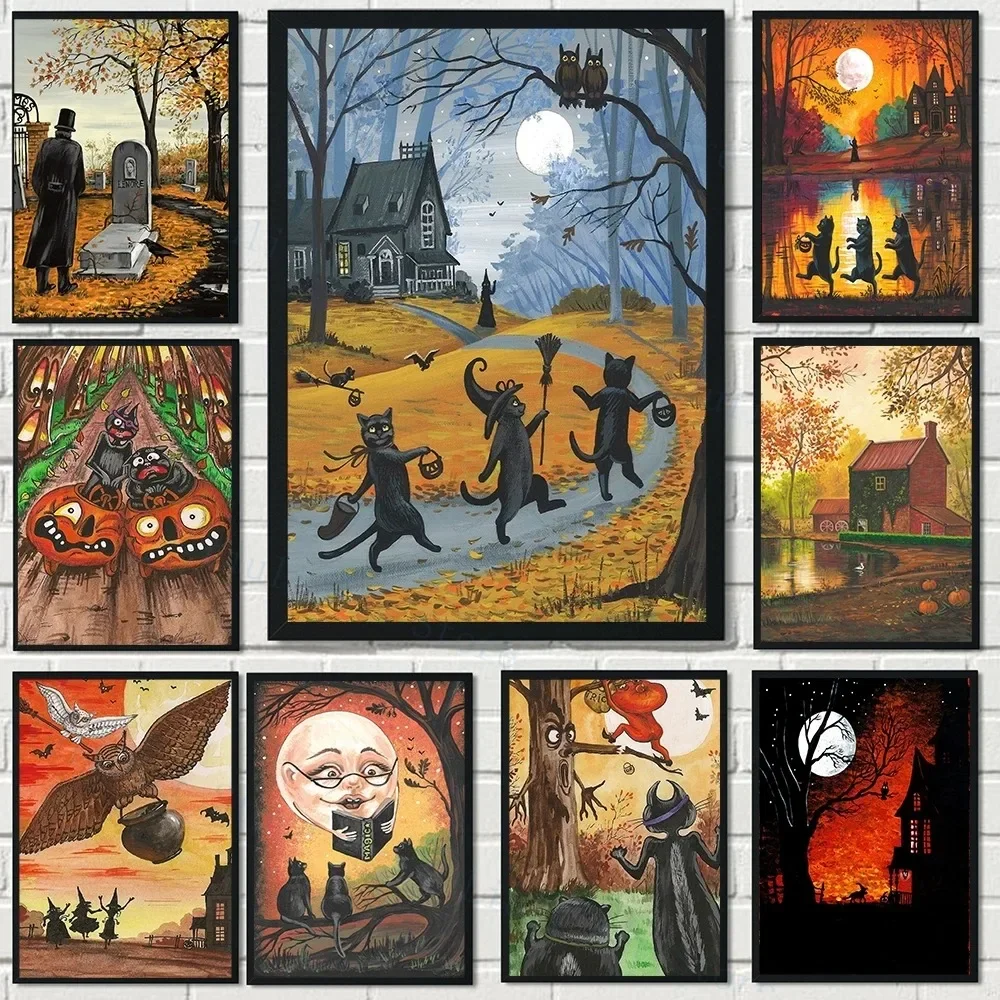 ملصق مطبوع على القماش عالي الدقة ، فن جداري ، ساحرة للهالوين ، مخيف ، قطة سوداء ، للحفلات ، المنزل ، في الهواء الطلق ، غرفة النوم ، اللوحة الزخرفية