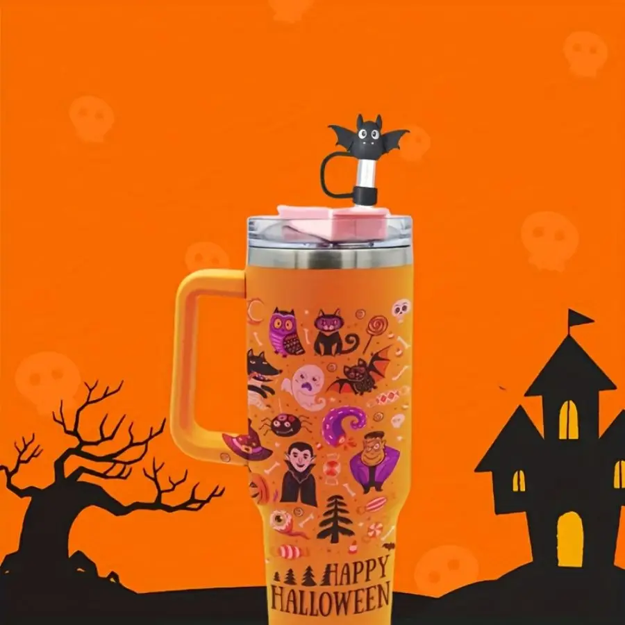 Halloween Silicone Straw Cover: Cute Ghost, Bat, Witch Hat and Pumpkin Design - Suitable for 10mm Straw