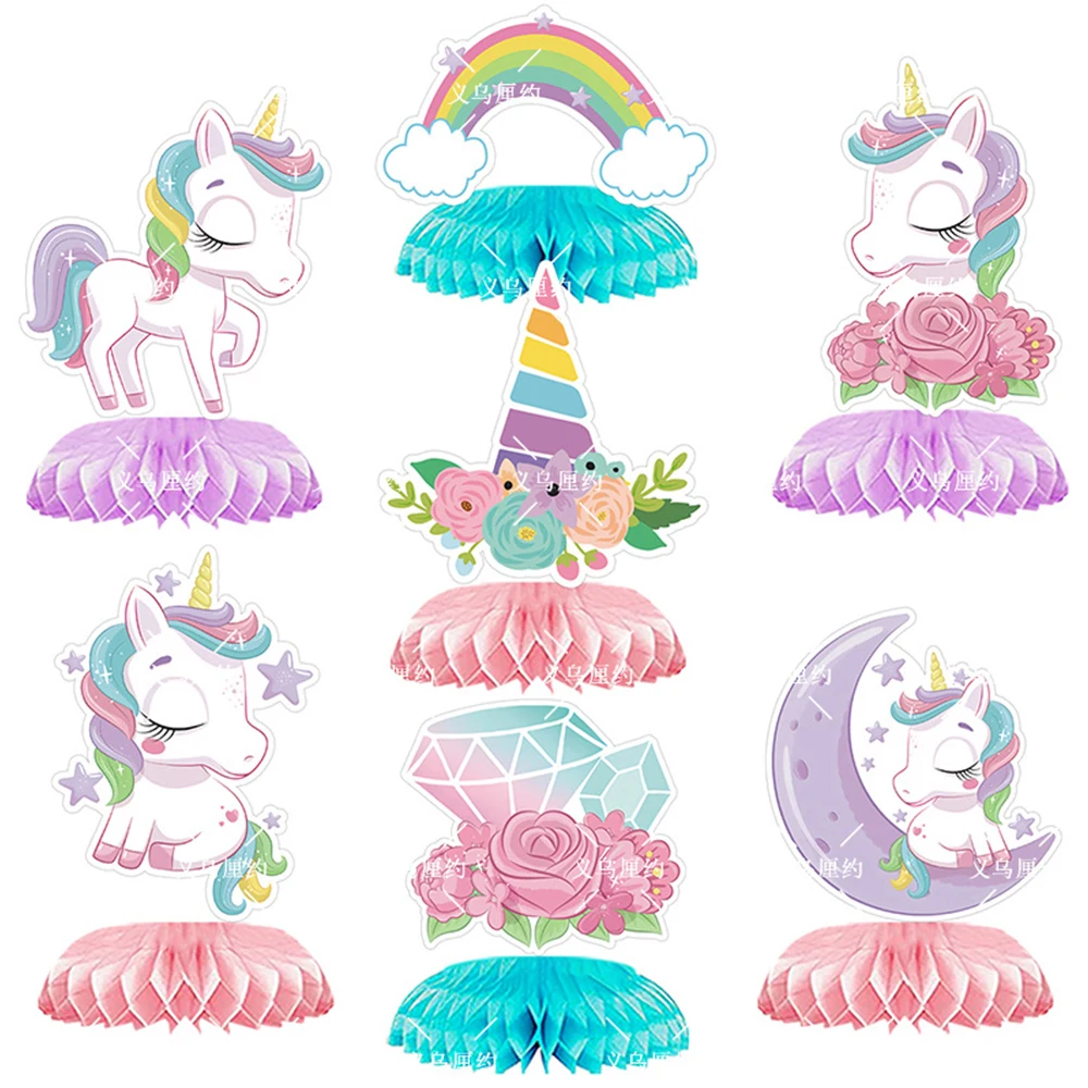 7pcs Unicorn Honeycomb Centerpiece Cute Pink Rainboow Honeycomb Ball DIY Girls 1st Birthday Party Table Ornament Booth Props