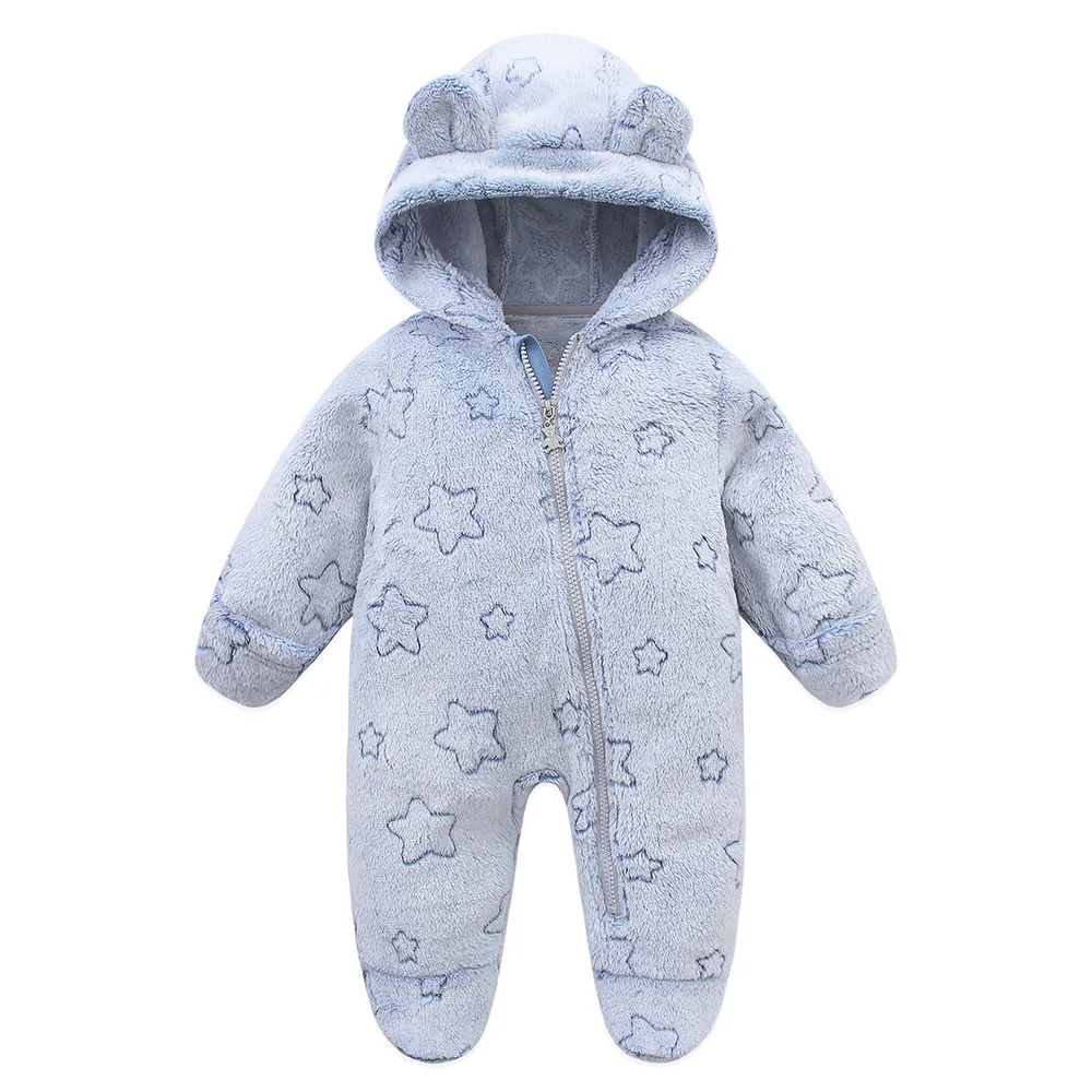 UNIFEMEN 2024 Autumn Winter Newborn Overalls Flannel Hooded Star Printed Baby Girl Rompers 0-1 Years Toddler Boy Jumpsuit Outfit