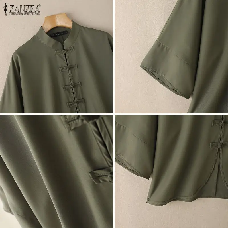 Chemises amples décontractées pour femmes, Vintage, col Mandarin, boutons grenouille, manches 2023, couleur unie, vêtements pour femmes, été 3/4