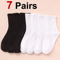 7 Pairs Women Classic Black And White Solid Color Fashionable Versatile Sweat-Absorbing Soft And Breathable Casual Socks﻿