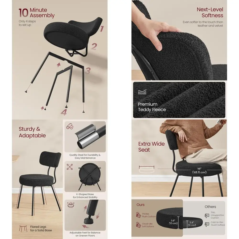 

Upholstered Modern Mid-Century Dining Chairs Set of 2, Curved Backrest, Steel Frame, Suitable for Kitchen and Living Room, Round