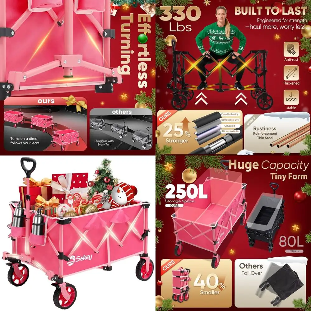 

Heavy-Duty Pink Foldable Wagon, 330lbs Capacity, All-Terrain Wheels, Drink Holders