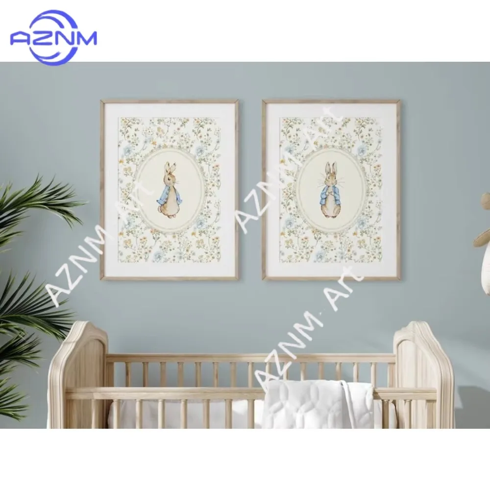 1/2Pcs Frameless Rabbit Nursery Decoration,Retro Peter Rabbit Print,Unisex Nursery Art, Beatrix Potter Print, Art