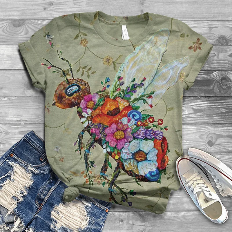 Letnie śmieszne koszulki z pszczołami Animal 3D Print Damska odzież uliczna O-Neck Krótki rękaw T Shirt Y2k Harajuku Tees Top Odzież damska