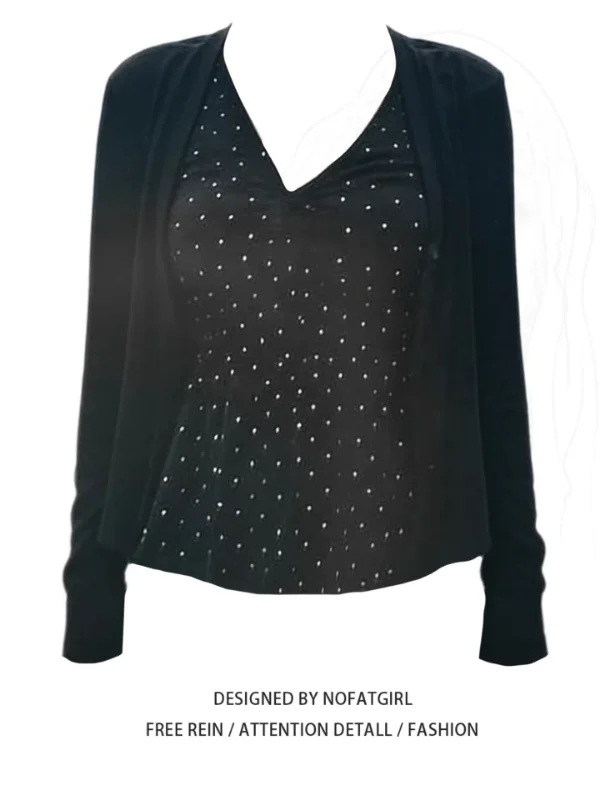 

plus Size Women's Black Polka Dot V-Neck Long Sleeve Top Summer Slimming Inner Wear Set Casual Fashion Two-Piece Ensemble