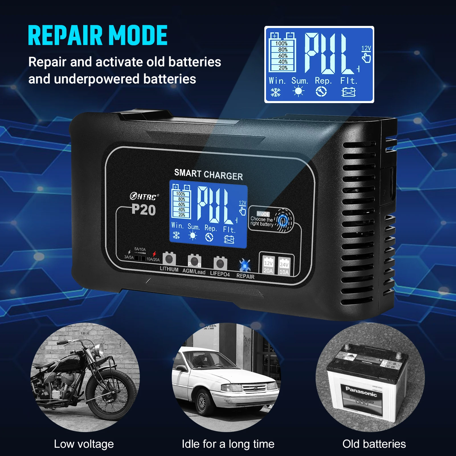 HTRC P20/P15/P10 12V-24V ładowarka samochodowa automatyczne ładowanie impulsowe LCD do ładowarki Lifepo4 AGM-kwasowo-ołowiowej litowej Batteri