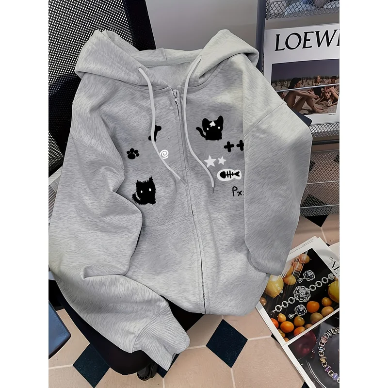 Women's Fashion Autumn/Winter Sweatshirt, Casual Cute Y2K Printed Cat and Japanese Pattern Hooded Sweatshirt