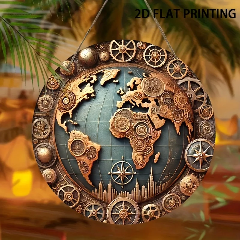2D Flat - Steampunk World Map Wall Decor - 20.32cm Round Wooden Sign with Pre-Drilled Holes & Hanging Ropes, HD 2D Printing, Vin