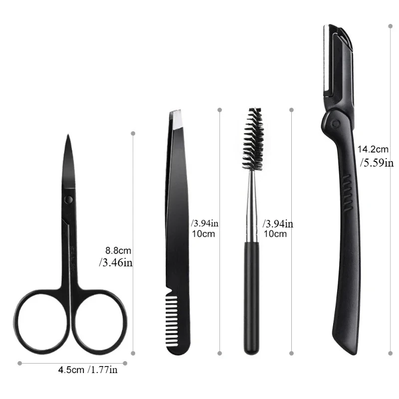 Black Eyebrow Trimming Scissors Stainless Steel Tweezers Scraping Eyebrow Comb Razor Eyebrow Clip Makeup Tools Sets