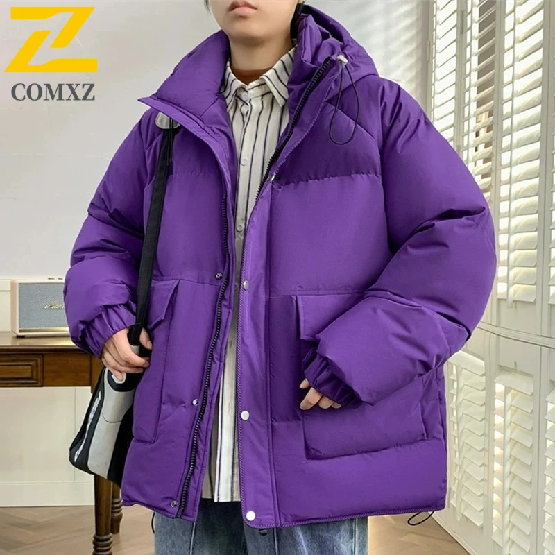 

COMXZ Men Puffer Jackets Hooded Versatile Solid Color Ski Trip Loose Camping Cotton Padded Jacket Windproof Urban Parker Coat