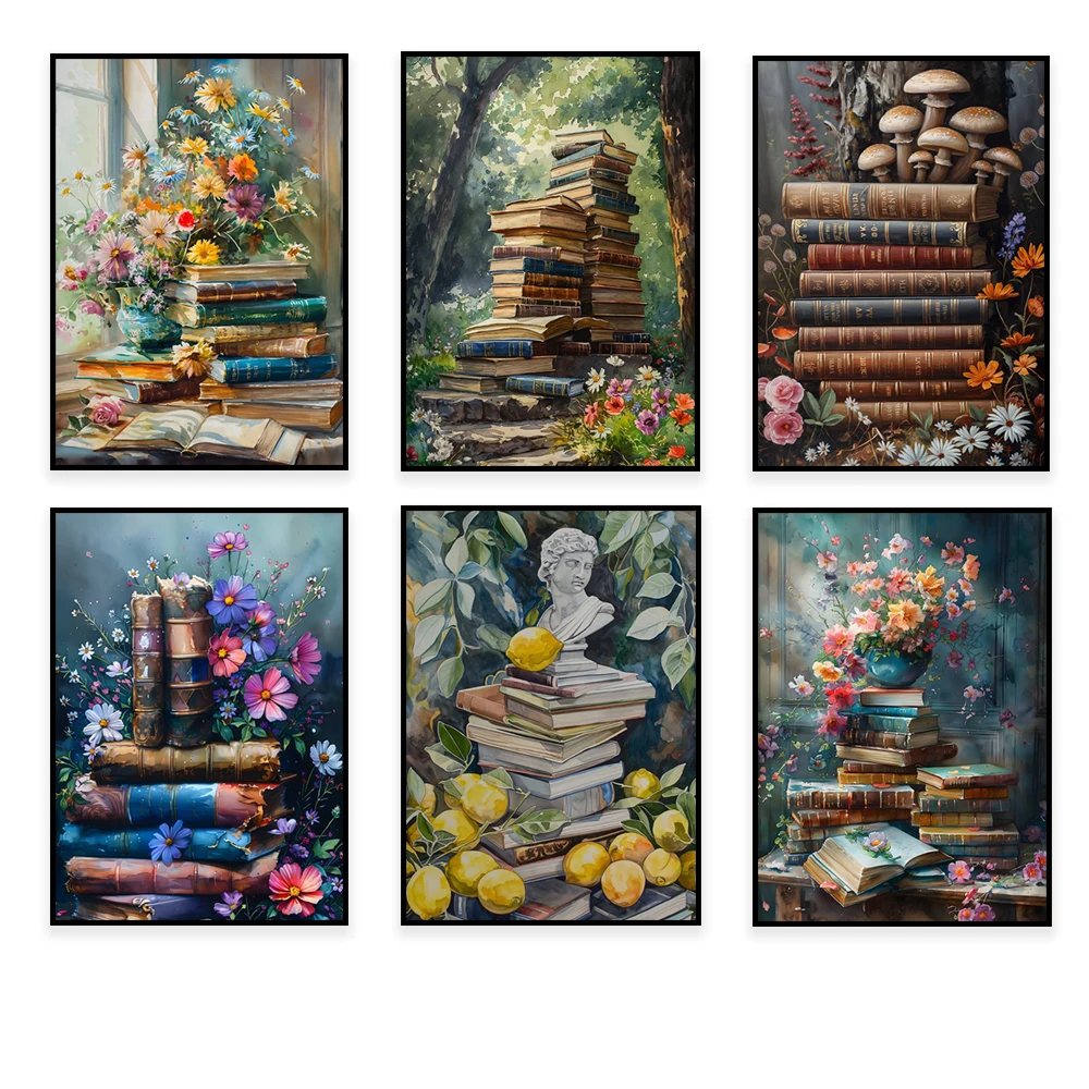 Dark Academy Moody Book wall art, stack of books, book art, moody nerd poster, victorian decorative print, library floral art