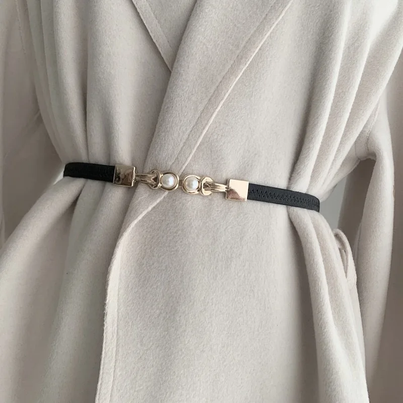 Fashionable Retro Casual Everyday Pleated Single-Loop Slim Belt Elegant and Versatile Leather Elastic Waistband for Dresses