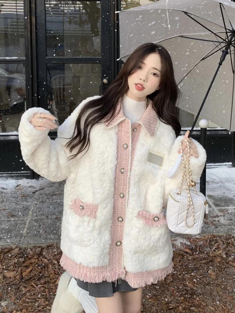 

Pink Patchwork Faux Lamb Coat Women Winter Warm Long Sleeve Sweet Jacket Korean Fashion Elegant Female Cute Preppy Style Tops