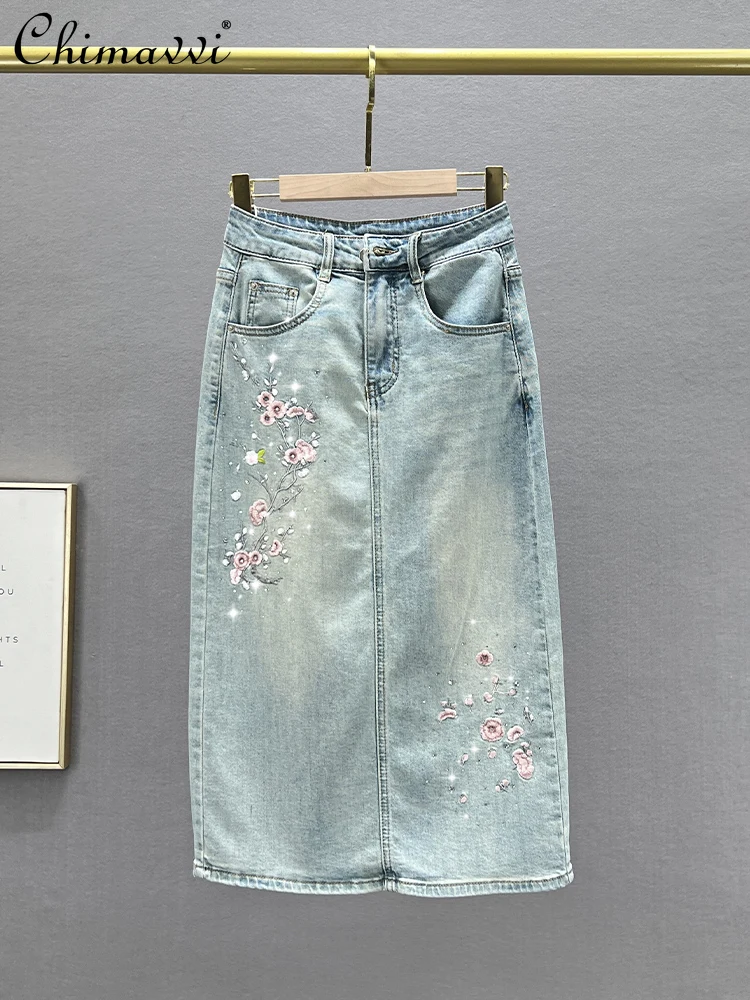 Embroidered Denim Skirt for Women 2024 Spring Summer New Fashion High Waist Slim Ethnic Style Rhinestone Hip-Wrapped Midi Skirts