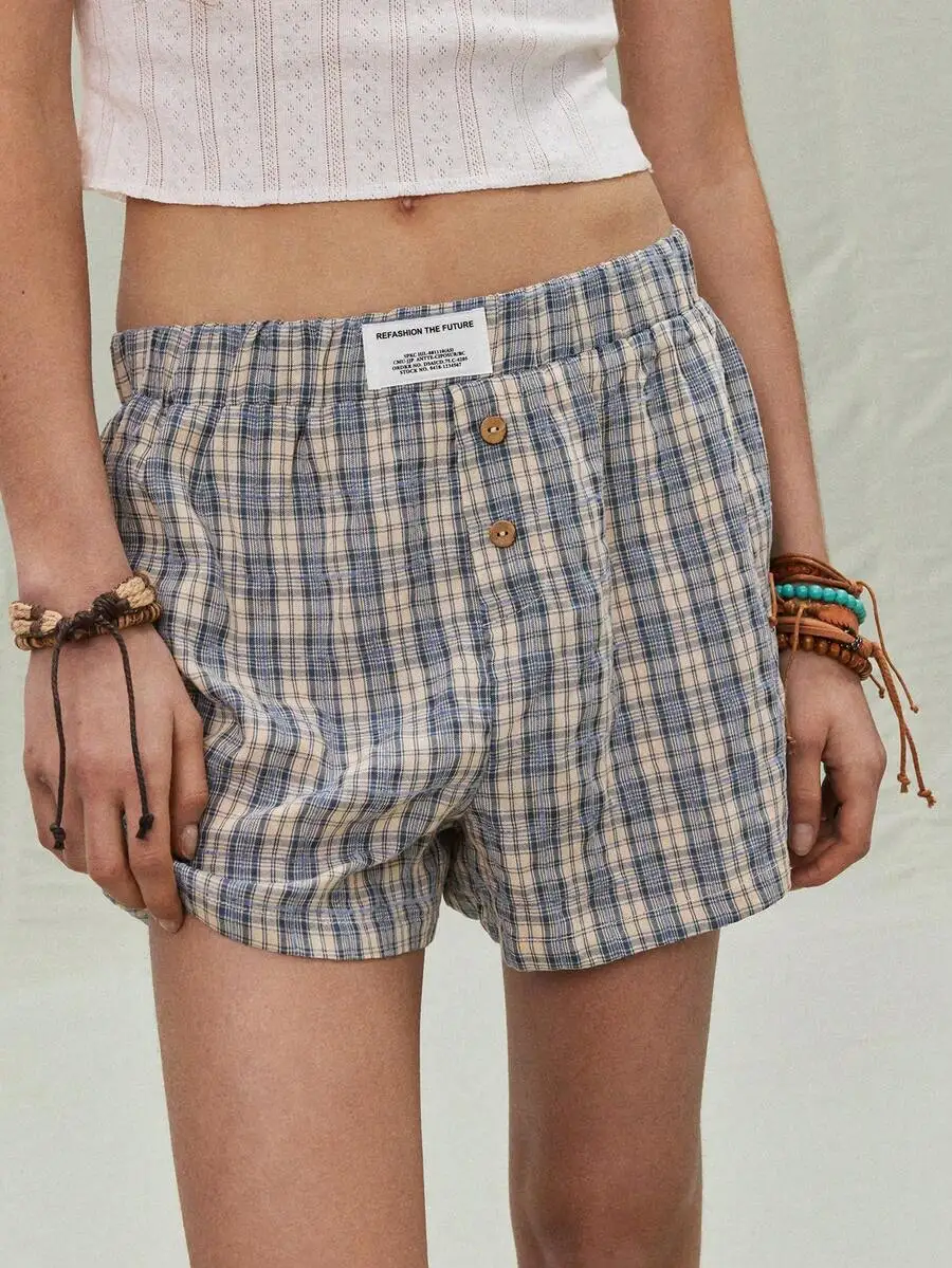

Womens Retro Plaid Casual Shorts Summer Loose Fit Button Fly