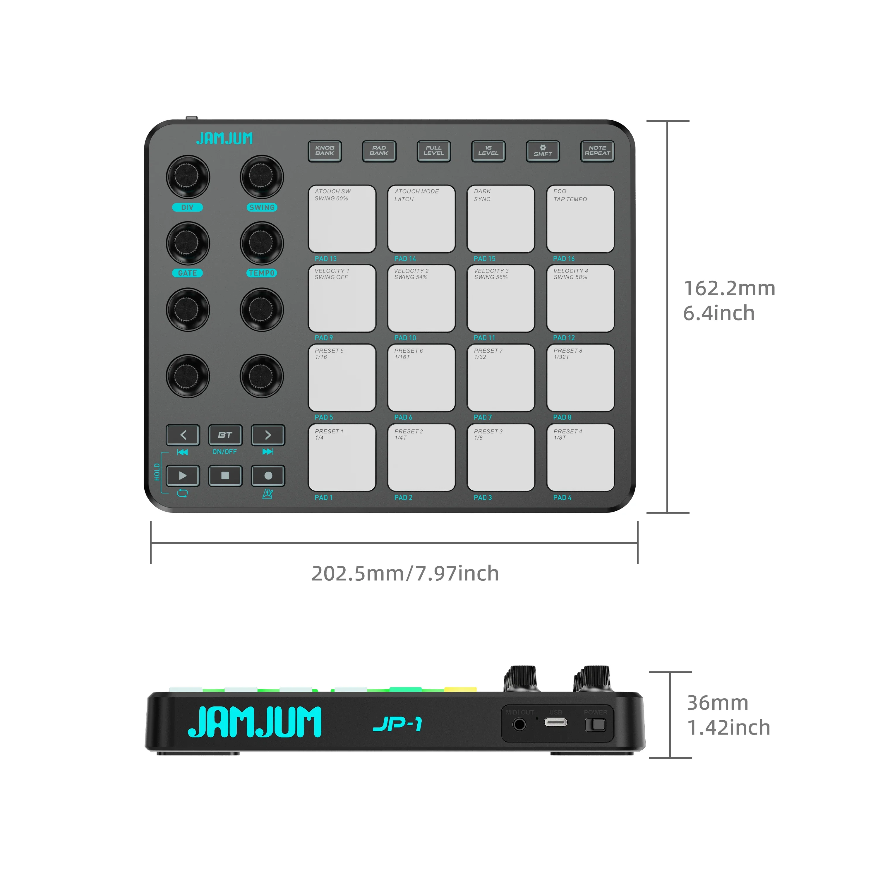 JAMJUM JP-1 Wireless MIDI Controller Pad - 16 RGB Pads, 8 Knobs, 20H Battery With BT & 3.5mm Output RGB Lighting image 6