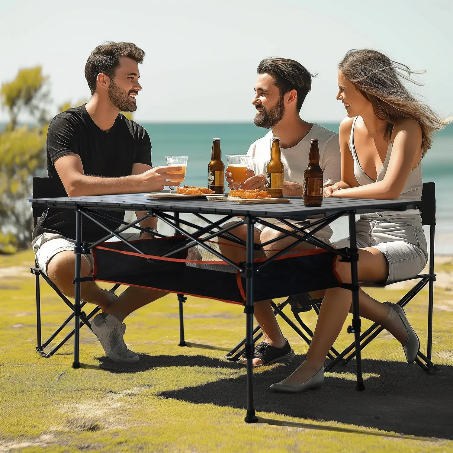 Folding Camping Table, Portable Aluminum Roll-up Picnic Table with Adjustable Height, Large Storage Bag and Carrying Bag, Lightw