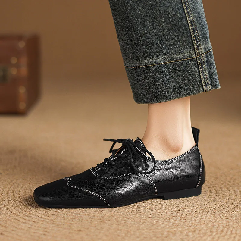 

Женские повседневные туфли-лоферы из кожи, черные и коричневые, удобные, на шнуровке, в стиле оксфорды, осенняя обувь, большой размер 42