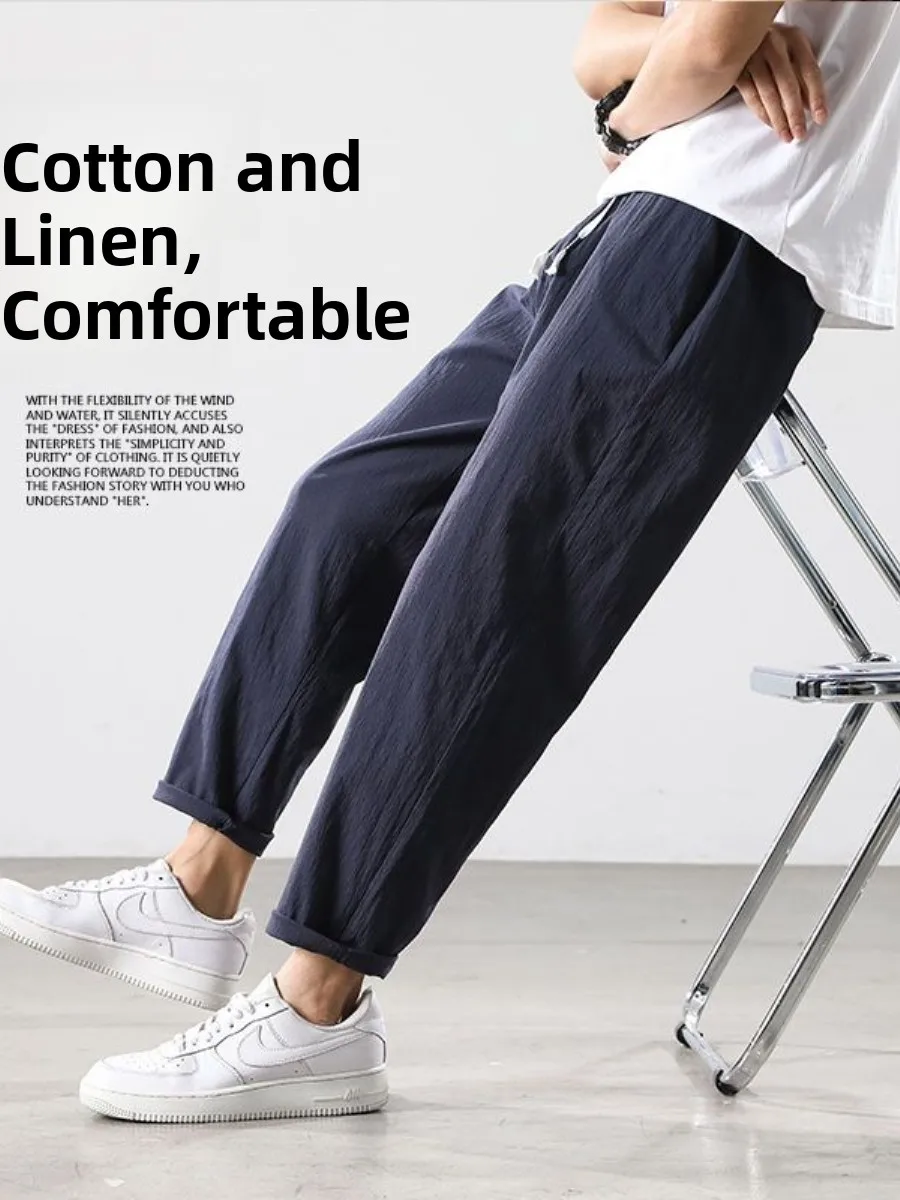 Men's Summer Thin Cotton Linen Nine-Piece Casual Pants Loose Straight Leg Harlan Pants Versatile Casual Wear for Students