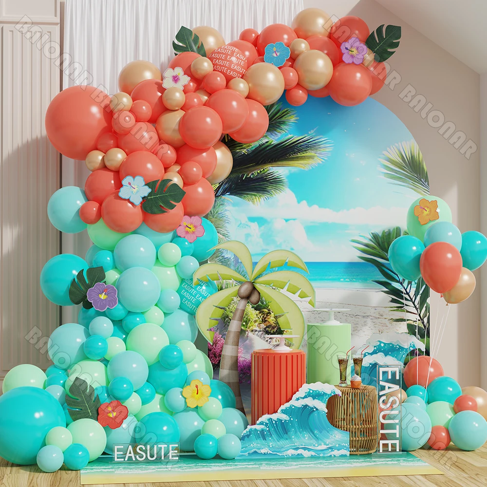 Summer Beach Party Decor Tropical Hawaiian Orange Nylon Blue Balloon Arch Garland Kit Pool Birthday Party Hawaiian Luau Supplies