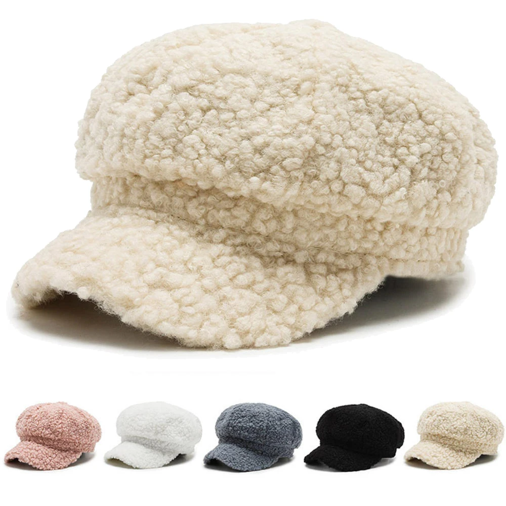 Women\'s Lamb Wool Berets Autumn and Winter Fashion All-match Hat Painter Octagonal Cap Men Women Teddy Cashmere Fisherman Hat