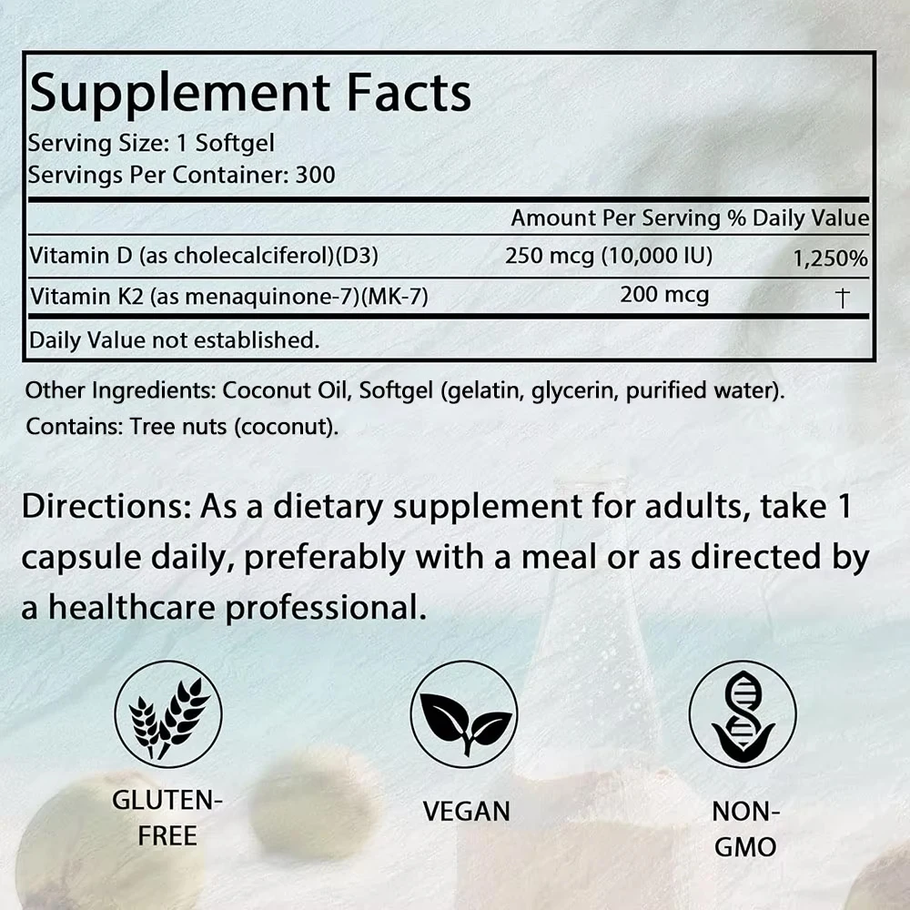 180 Vitamin D3 K2 Softgel-Nahrungsergänzungsmittel 10.000 IE D3+200 MCG K2 Immunsystem-Gesundheit – Detail 5
