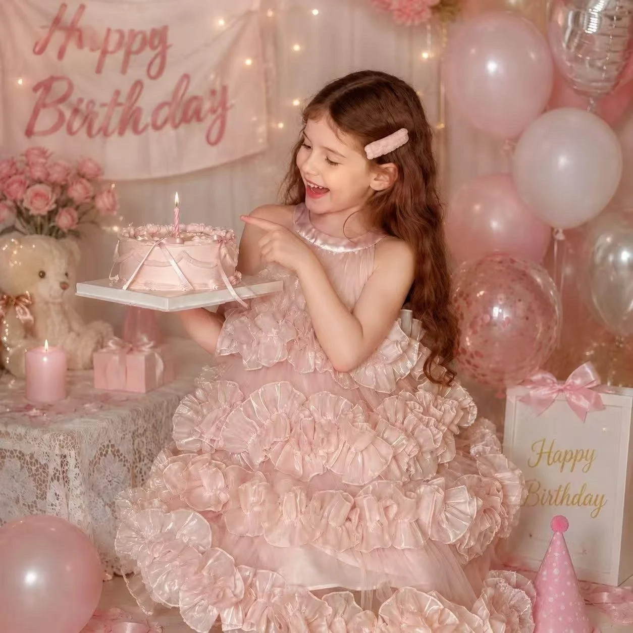 Custom Luxury Dress Women Guest Flower Girl Wedding Gown Luxury Birthday Pageant Pink Ruffle Tulle Kids Formal Gown