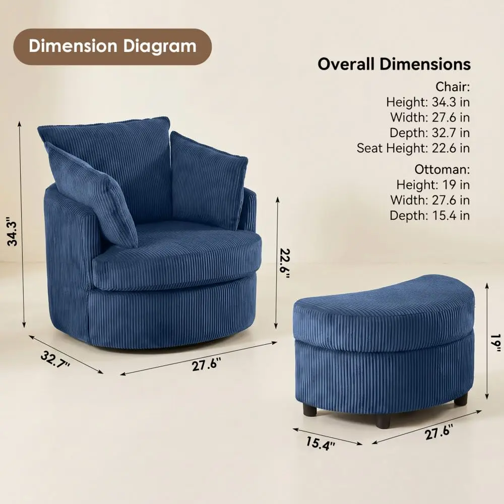 Corduroy Accent Chair with Ottoman, 360° Swivel Barrel Upholstered Reading Chair for Living Room Bedroom, Customized