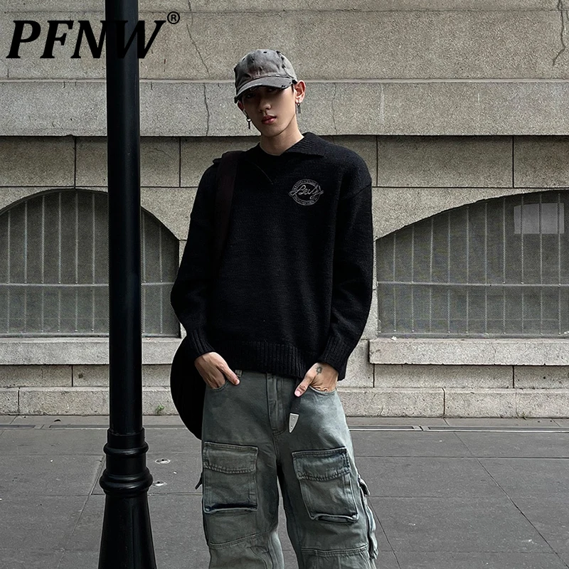 PFNW Vintage College Style Soft Loose Lapel Embroidered Sweater Men's Loose Casual Black Design Trend Kinttwear Top Male 12C2079