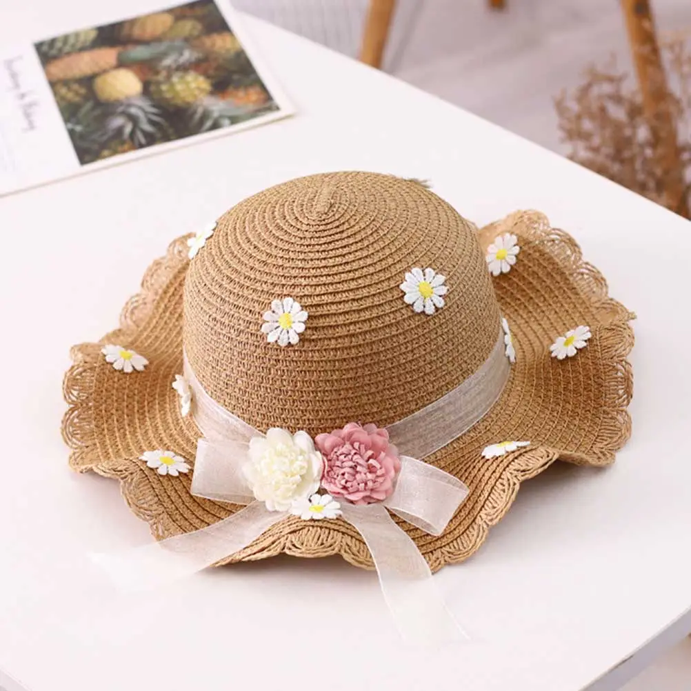 2Pcs Kids Straw Hat Set Sun Protection Daisy Pattern Natural Woven Texture Comfortable Lightweight Toddler Beach Hat Set