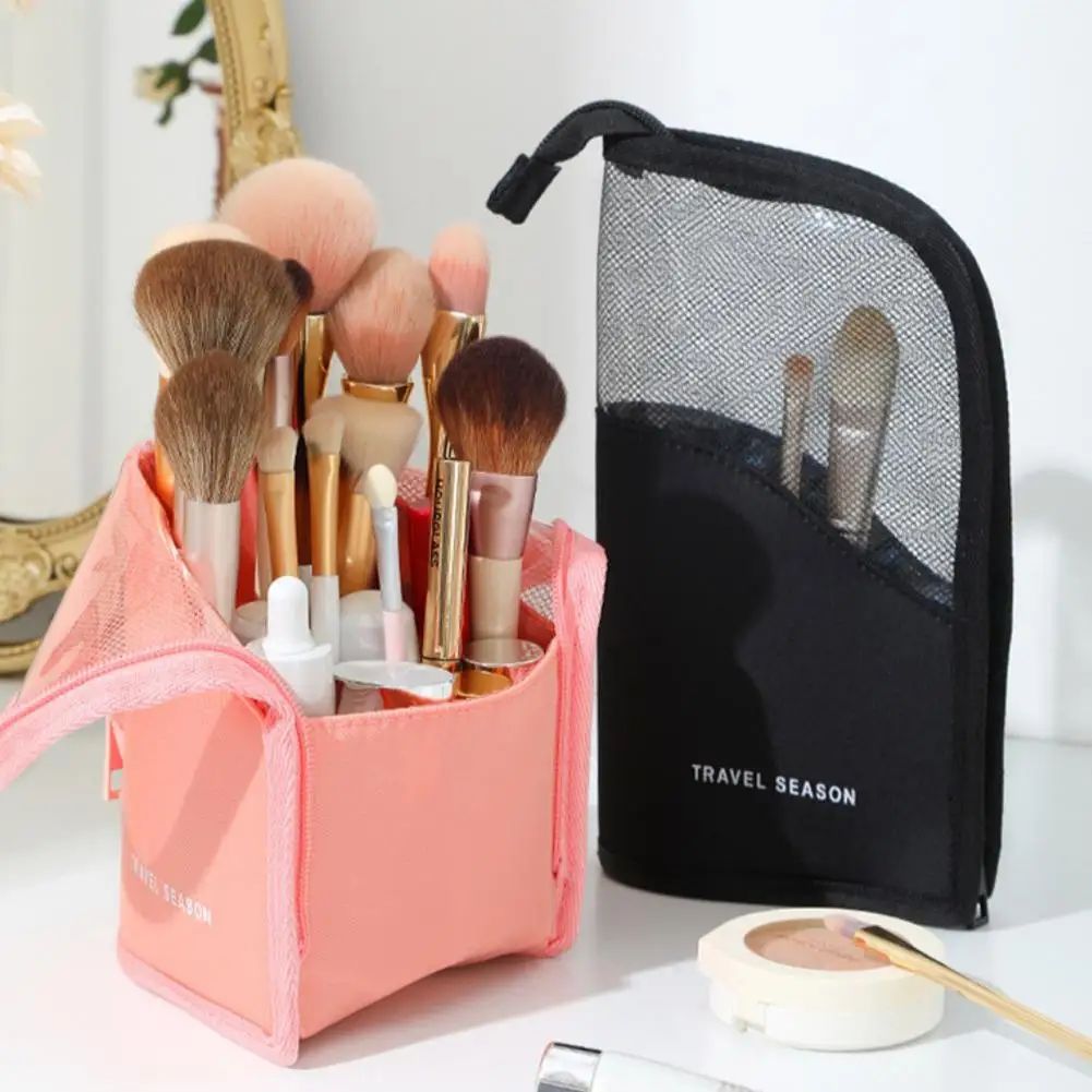 2 in 1 Standing Makeup Brush Bag Portable Travel Cosmetic Case Multi Slot Mesh Lipstick Eyebrow Pencil Holder Organizer Pouch