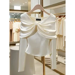 Autumn French Elegant Blouse Women Tops Light Luxury High End Unique V-neck Slim Long Sleeve Shirts Office Lady Korean Clothing