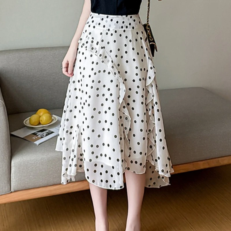 Elegant Women Polka Dot Chiffon Skirt Summer Ruffles A-line Midi Skirt Female Vacation Casual Skirt 2026 Summer New