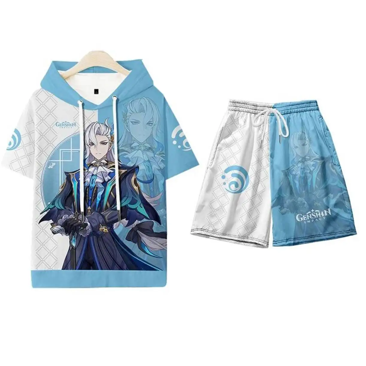

Genshin Impact Neuvillette Cosplay Tops T And Shorts Costume Hooded Short Sleeve Shirt Haori Acg Cool Streetwear