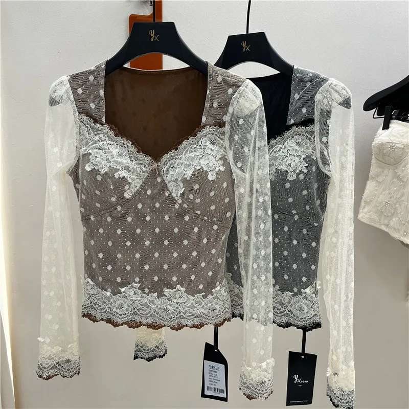 

Slim Fit Long Sve Lace Collar Base irt Pure Desire Spicy Girl Spring 2026 New Sle Versatile Body a Bot irt