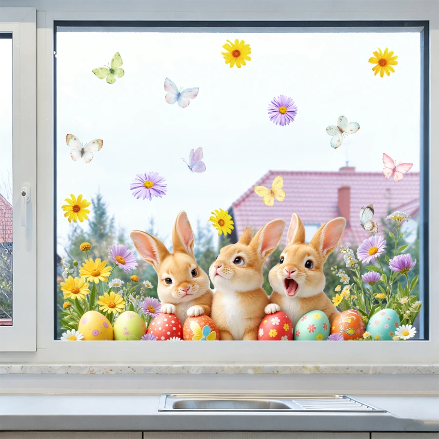 2Pc Easter Window Clings Cute Cartoon Bunny Egg Window Stickers For Kids Room Home Decoration Static Cling Reusable PVC Wall Art