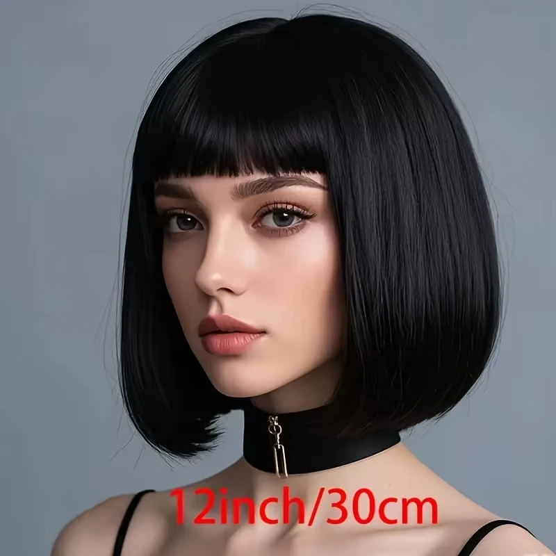 Short Bob Black Synthetic Wig Halloween Party Cosplay Wig Daily High-Temperature Silk Wig Set
