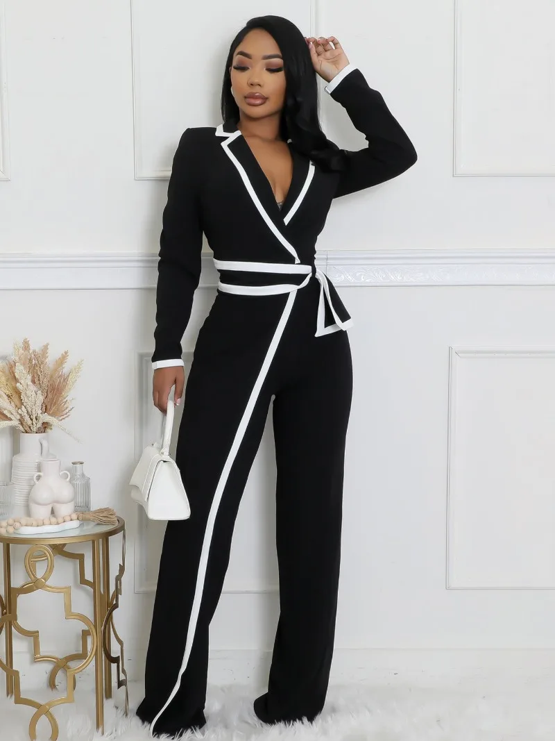 KEXU Contrast Color Work Wear Women Long Sleeve Notched Neck Wide Leg Blazer Jumpsuits Elegant OL One Piece Set Romper Playsuit