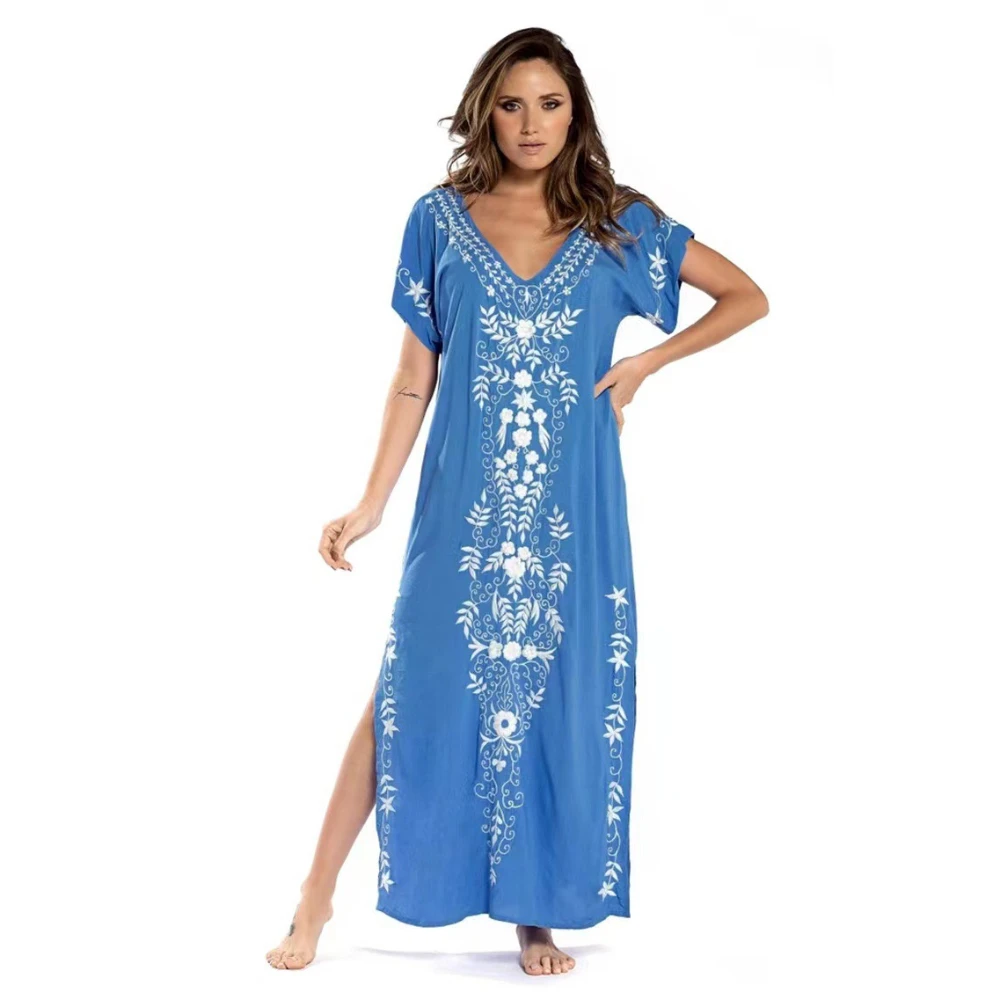 Women's beach dress beach cover-up seaside vacation beach outfit embroidered long robe sun protection short sleeve long dress