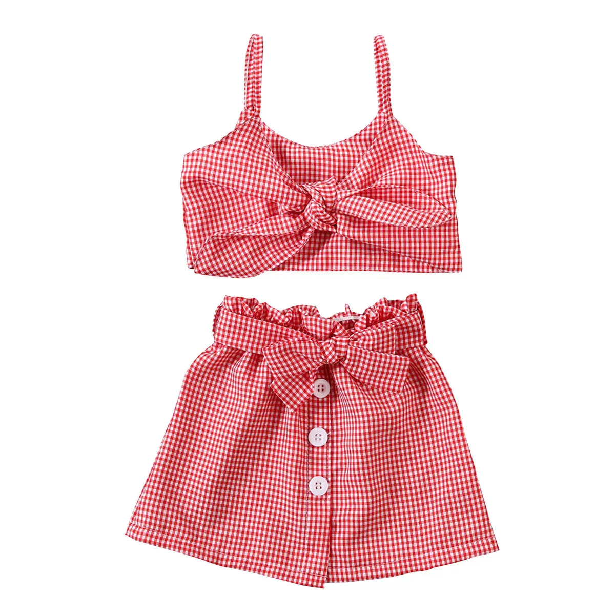 Toddler Little Girls Summer Clothing Suit Sleeveless Plaid Crop Top Lace Up Skirt 2Pcs Sweet Set for Baby Kids Girls