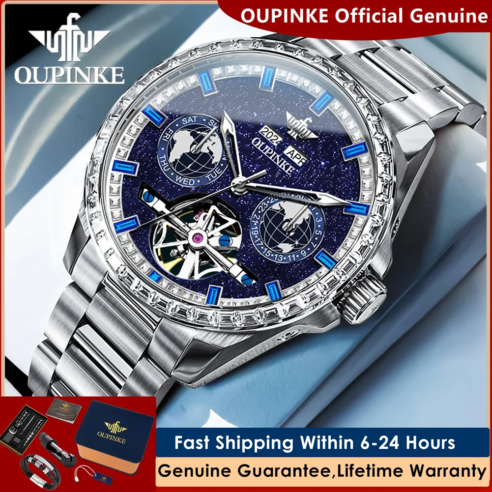 

OUPINKE 3280, роскошные мужские часы с бриллиантовым безелем, автоматические механические часы для мужчин, мужские часы со звездным небом и скелетом, маховиком