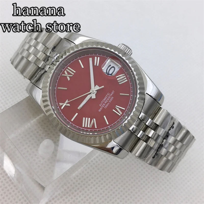 Мужские часы 36 мм/39 мм, красный циферблат, римский цифровой механизм NH35A, автоматические заводные механические часы, сапфировое стекло, окошко даты