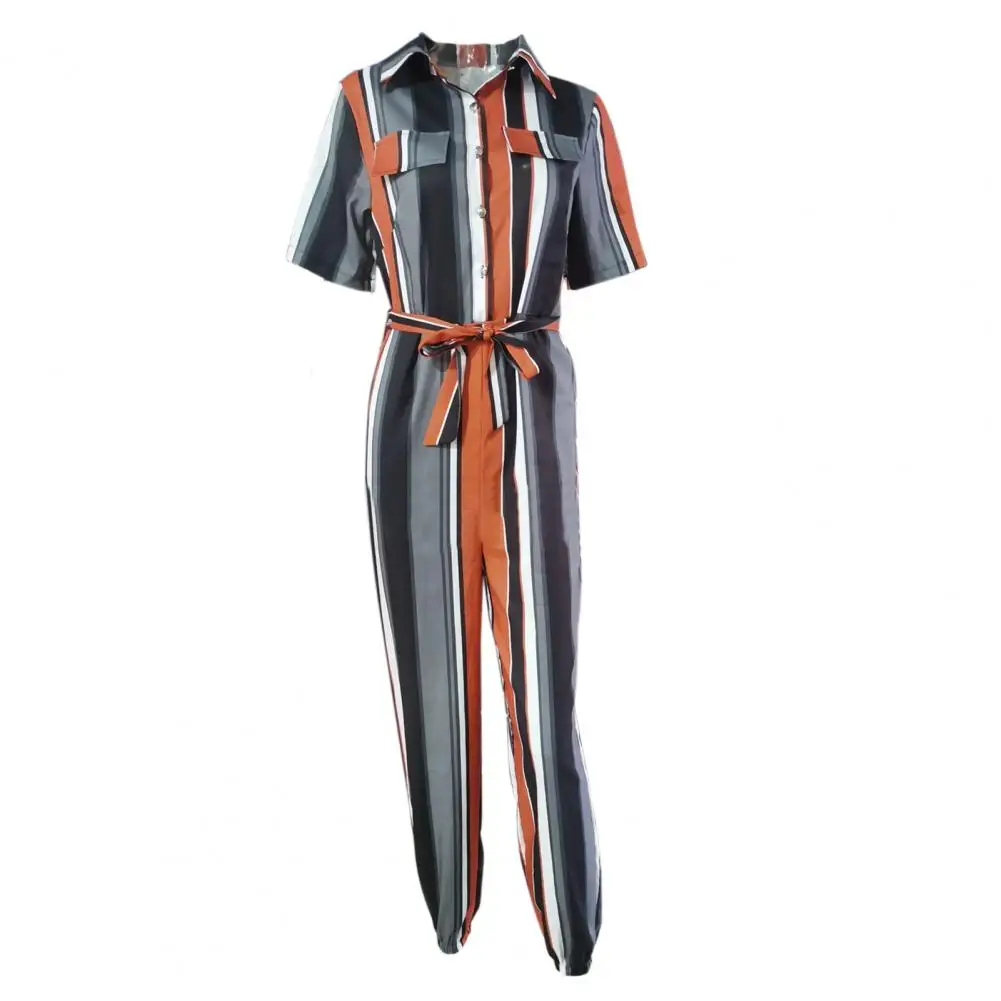 Solid Color Jumpsuit Lady Jumpsuit Chic Striped Print Jumpsuit Elegant Ol Commute Style with Slim Waist Lace-up for Women