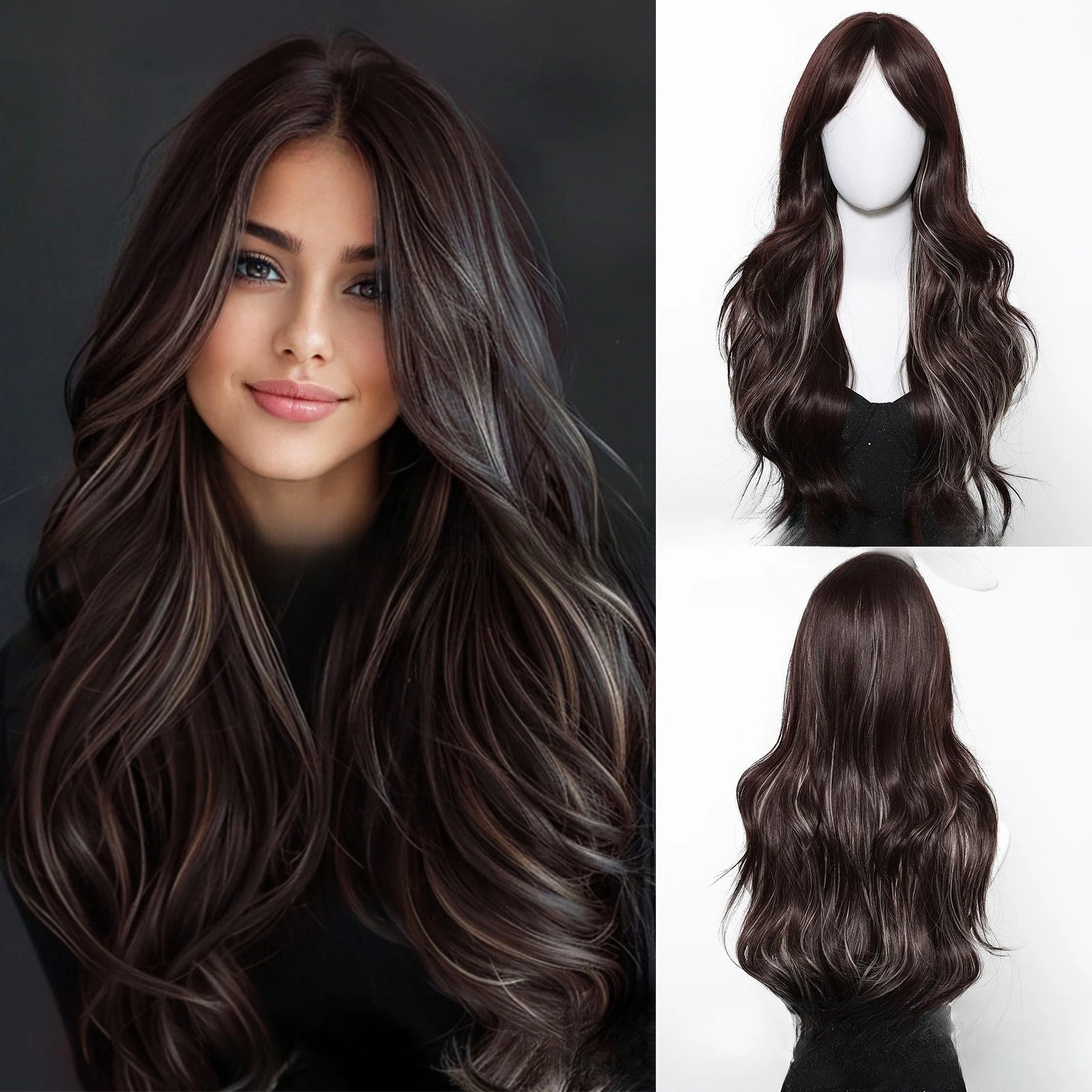 

Wig black brown European and American new eight-character bangs long curly hair chemical fiber women's headgear wig
