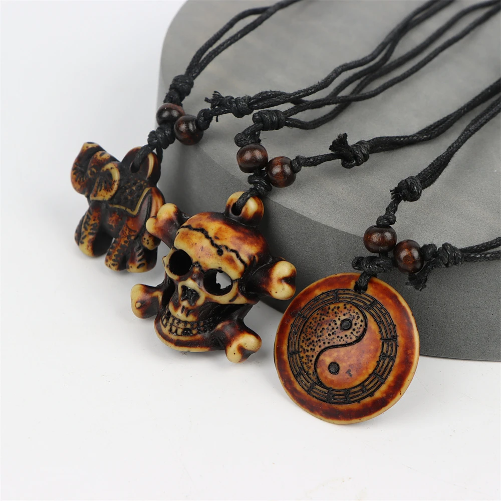 Retro Punk Gothic Turtle Skull Animal Wooden Necklace Men Women Astrolabe Indian Cross Adjustable Rope Chain Jewelry Accessories